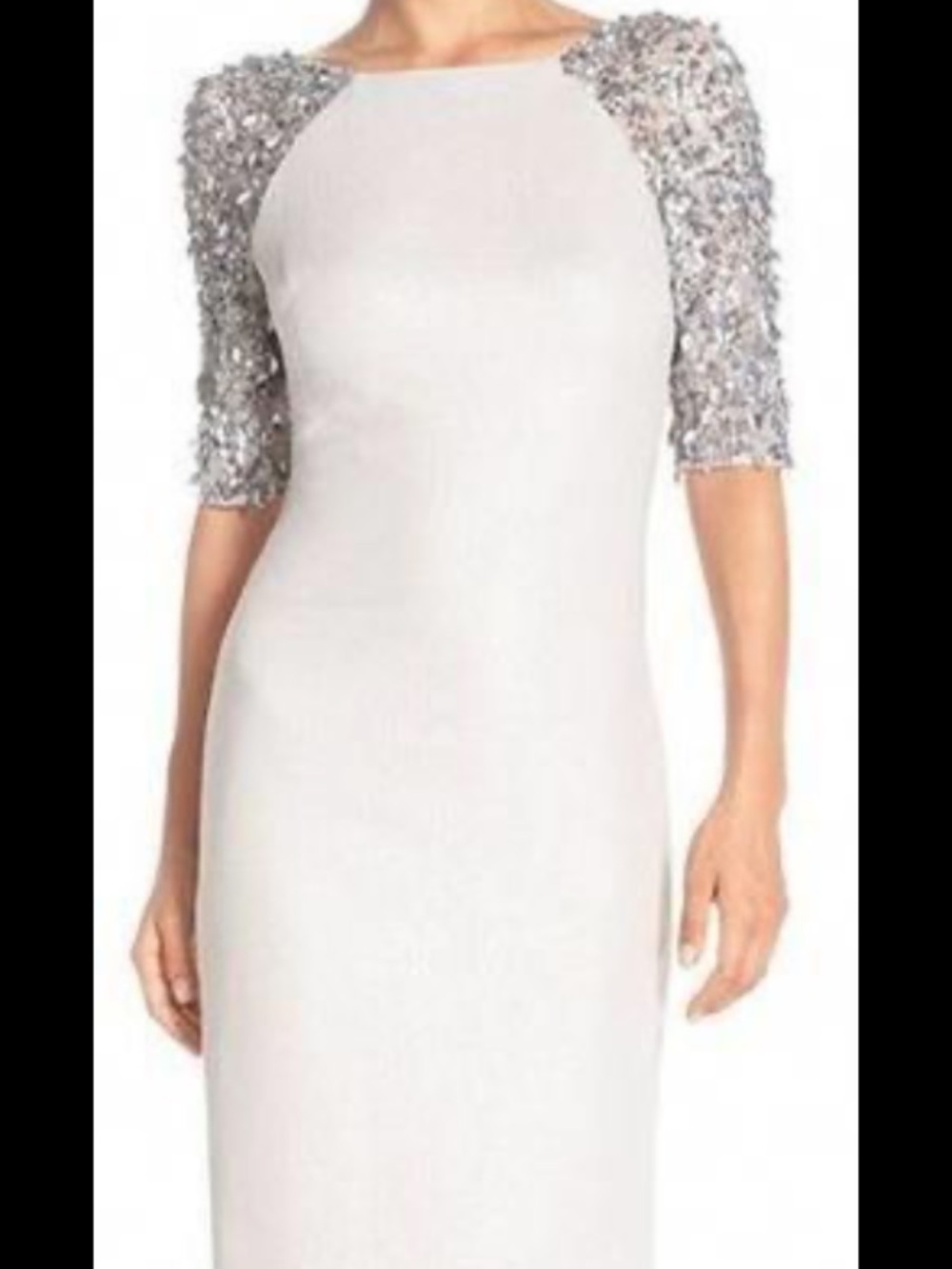 Badgley Mischka White Midi Dress with Silver Sequin Sleeves